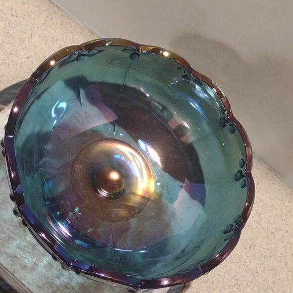 Vintage Indiana Glass Blue Carnival Glass Teardrop Garland Compote Dish - Picture 2 of 5